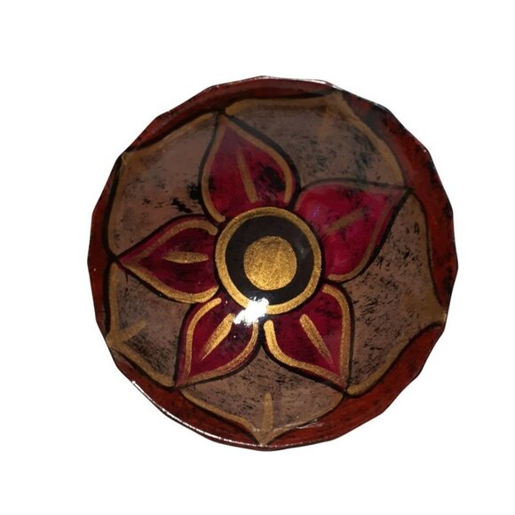 Mexican Pottery Footed Bowl Vallarta Signed Flower Gold Paint Lined 5.5" Folk - Picture 2 of 9